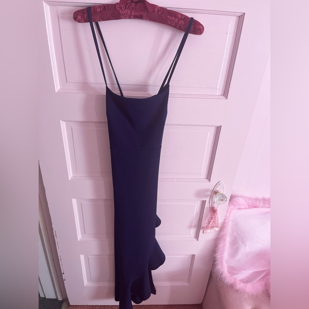 Navy blue maxi dress ruffle side slit cocktail dress
